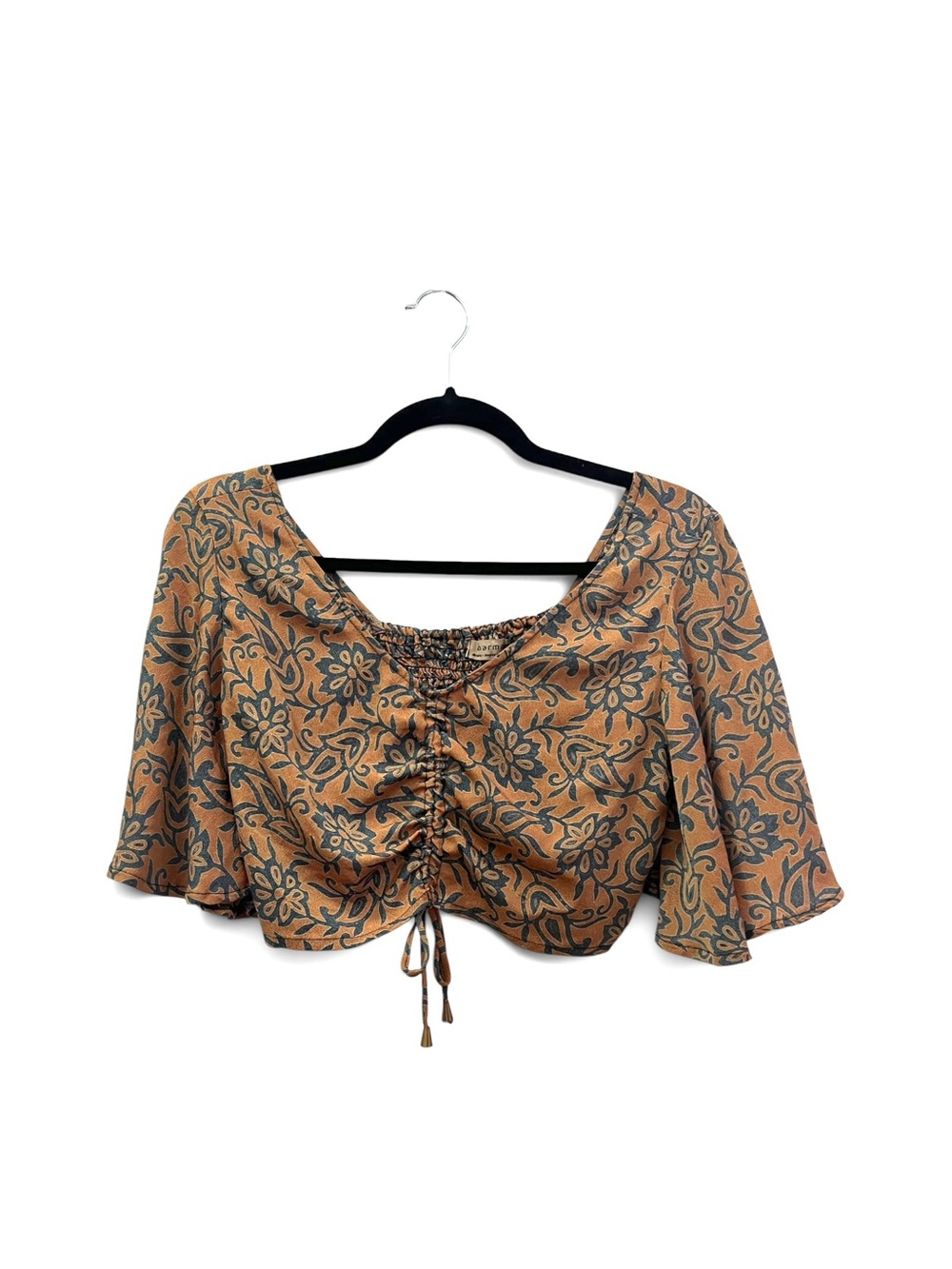 Dharma Imports Silk Blend Smocked Boho Crop Top Floral Bell Sleeve S/M